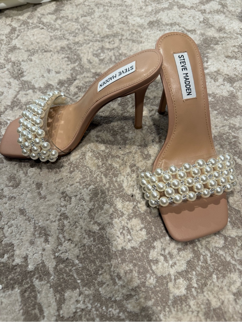 Brand New Steve Madden Nude Pearl-Embellished Slip-On Mules